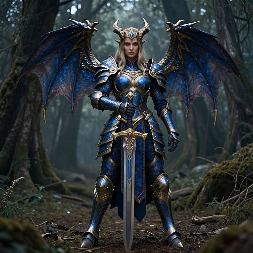 Digital artwork of a fierce, blonde female warrior with blue dragon wings, gold horns, and blue armor, standing in a dark forest holding a large,