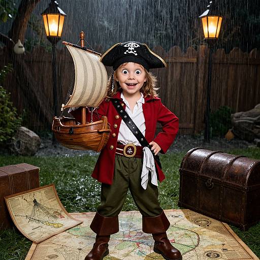 Photograph of a young child dressed as a pirate, standing in rain, holding a wooden ship with sails, in a backyard with lanterns, treasure