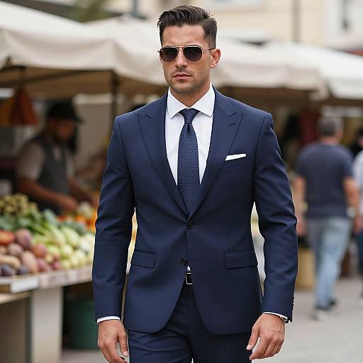 Photograph of a handsome man in a navy suit, white shirt, and dark tie, wearing aviator sunglasses, walking through a bustling outdoor market.