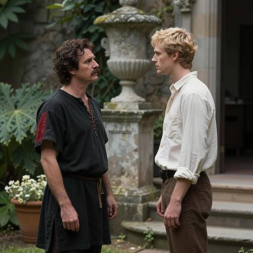 Two Men Facing Each Other in a Garden