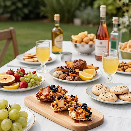 Photograph of a vibrant outdoor picnic table with assorted fruits, cheese and crackers, bread, glasses of wine, and olive oil.