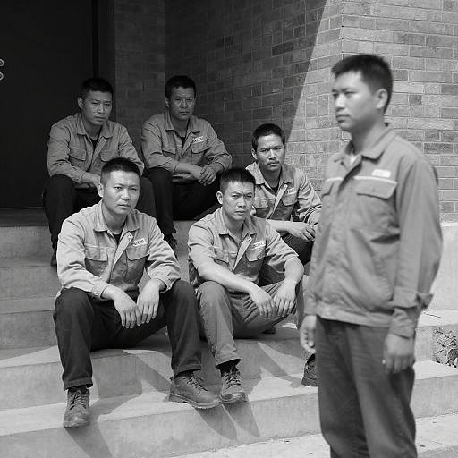 Five Men in Uniforms on Concrete Steps