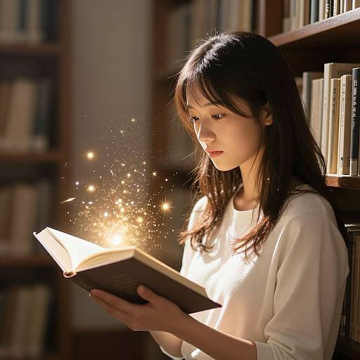 Photograph of an Asian woman with long black hair, wearing a white blouse, reading a book with glowing sparks emerging from it, in a dimly