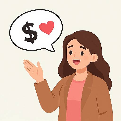 Cartoon illustration of a smiling woman with brown hair, wearing a brown jacket and pink shirt, waving with a speech bubble containing a dollar sign and red