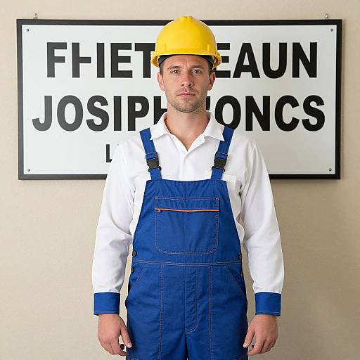 Photograph of a male construction worker in blue overalls and yellow hard hat, wearing a white shirt, standing against a 