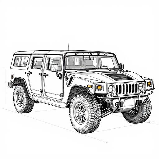 Black and white line drawing of a rugged, off-road Jeep SUV with large tires, front grille, and roof rack.