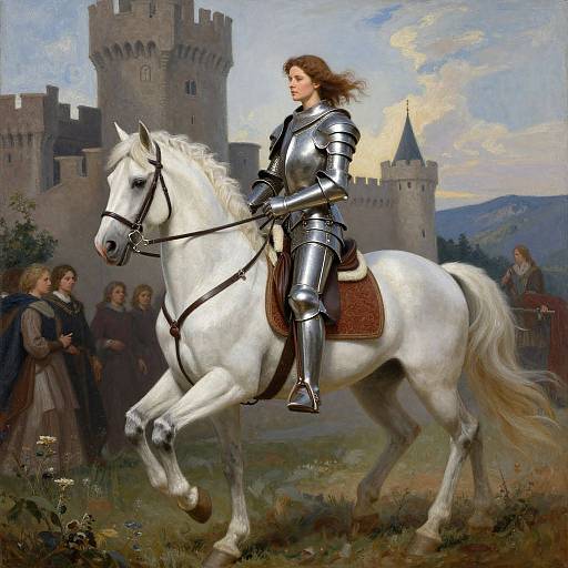 Painting of a medieval knight in silver armor, riding a white horse, in front of a castle with four spectators.