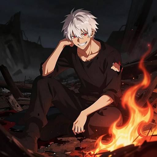 Anime-style digital drawing of a white-haired man with red eyes, grinning, wearing a torn black shirt, sitting by a bright fire in a dark