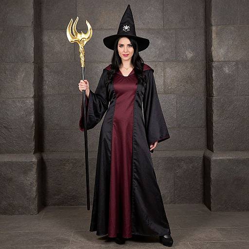 Photograph of a pale-skinned woman in a black witch hat and robe, holding a golden trident, standing against a gray stone wall.