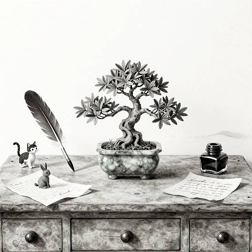 Whimsical Black-and-White Bonsai Still Life