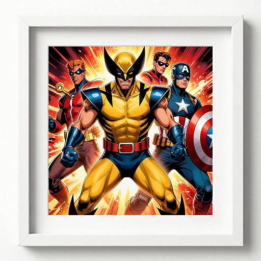 Digital comic-style artwork of four muscular superheroes: center is yellow-clad Batman with black mask, flanked by red-caped Captain America, blue-shirt