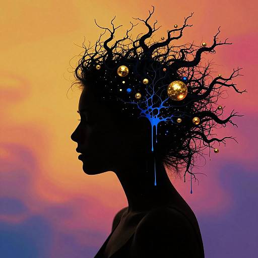 Silhouette of a person with a tree-like head filled with glowing orbs and blue liquid against a colorful orange and pink sunset. Digital art.