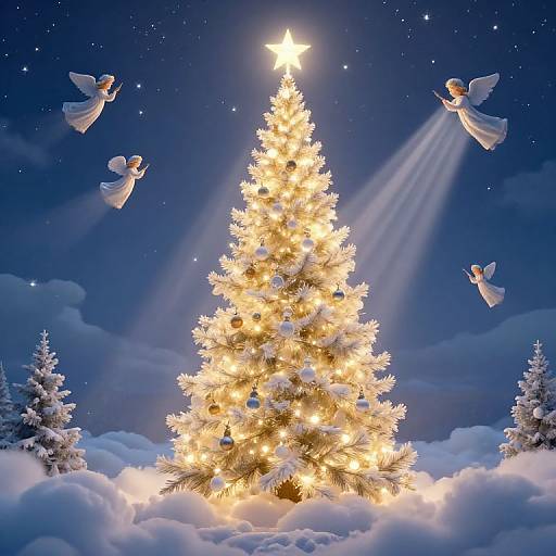 Photograph of a glowing Christmas tree with angelic figures flying around, illuminating a starry night sky, surrounded by snow-covered trees and clouds.