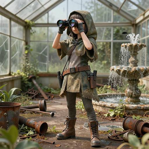 Post-apocalyptic scout doll in greenhouse