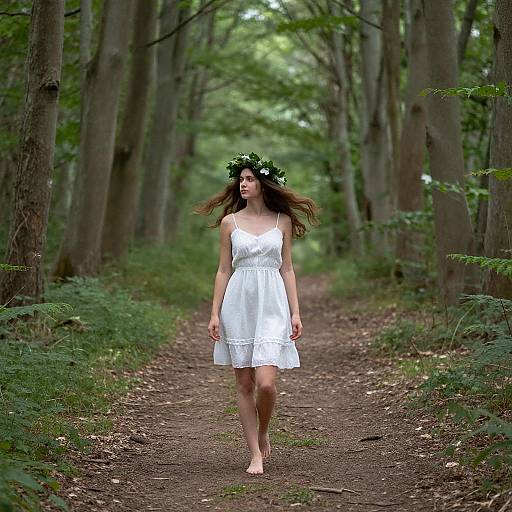 Photograph of a barefoot woman with long brown hair, wearing a white lace dress and green leafy crown, walking down a forest path surrounded by