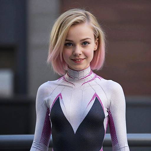 Photograph of a young blonde woman with pink-dyed tips, wearing a white and black Spider-Woman suit, smiling outdoors.