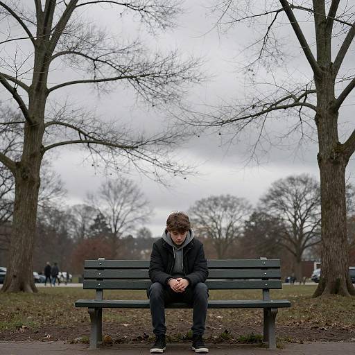 Photograph of a young man with brown hair, wearing a black jacket and jeans, sitting alone on a green bench in a leafless park under a