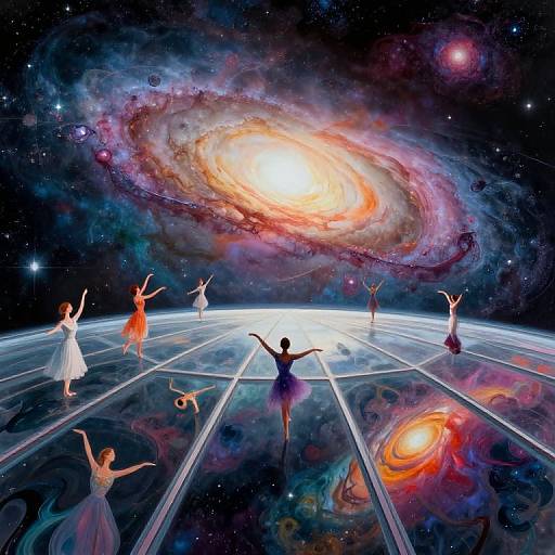 Digital art: Silhouetted ballerinas with outstretched arms dance on a cosmic, reflective floor, surrounded by vibrant, swirling galaxies and