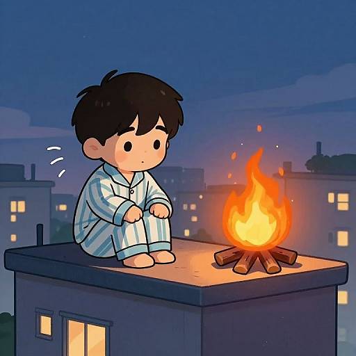 Cartoon boy in striped pajamas sits on rooftop, watching orange campfire at night, with city lights in the background. Digital art.