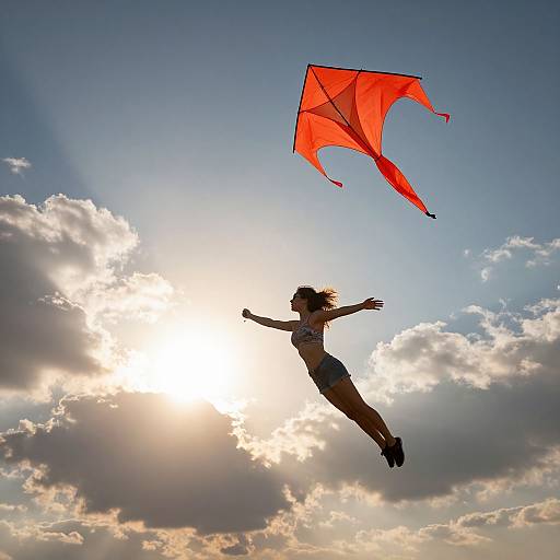 Silhouetted woman flying red kite against bright sun and cloudy sky, wearing tank top and shorts, arms outstretched, mid-air.