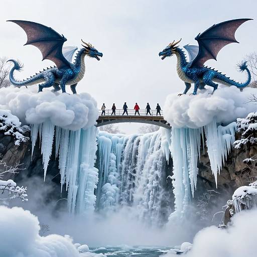 Fantasy illustration of two blue dragons standing on icy cliffs, facing each other, above a frozen waterfall with people crossing a bridge. Snow-covered landscape and