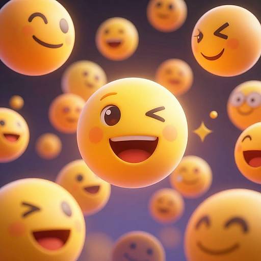 Digital illustration of floating, glowing orange smiley faces with various expressions (winking, smiling, laughing) against a dark, gradient purple background.