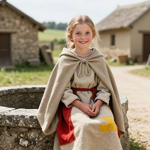 Photograph of a smiling young girl with light brown hair in a beige cloak and white dress, seated on a stone wall in a sunlit rural village