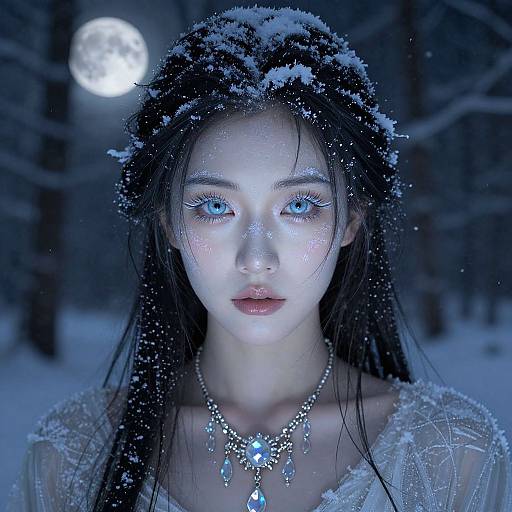 Photorealistic digital artwork of a snow-covered, ethereal woman with glowing blue eyes, wearing a delicate, icy necklace, in a moonlit,