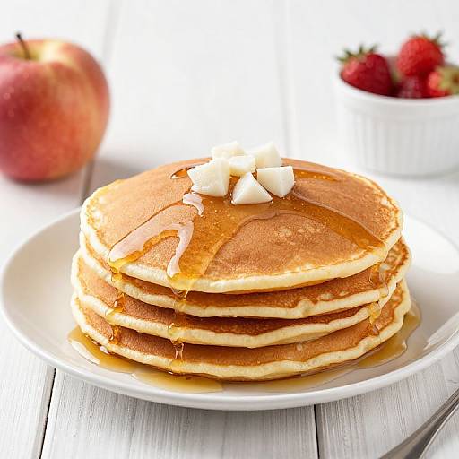 Photograph of stacked golden-brown pancakes with three small white butter cubes on top, on a white plate, with a red apple and strawberries in a