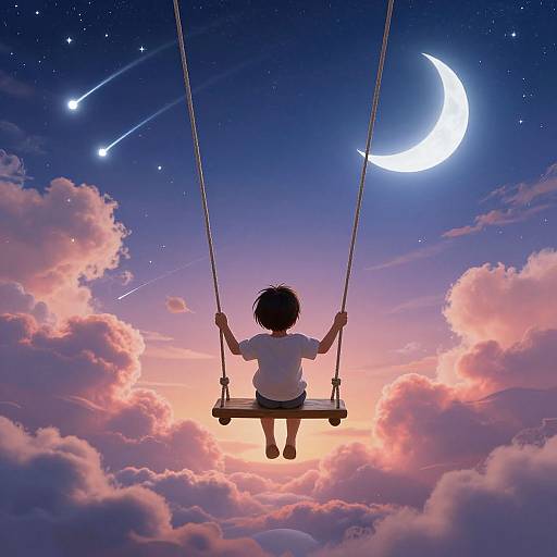 Digital illustration of a child with curly hair, silhouetted, swinging high above pink and purple clouds, under a crescent moon and shooting stars
