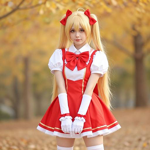 Digital anime-style photograph of a blonde girl in a red and white cosplay dress, white gloves, and thigh-high socks, standing in a fall forest with