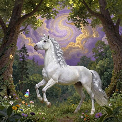 Photorealistic digital painting of a majestic white horse with flowing silver mane, standing on lush forest path, surrounded by colorful flowers, towering trees, and