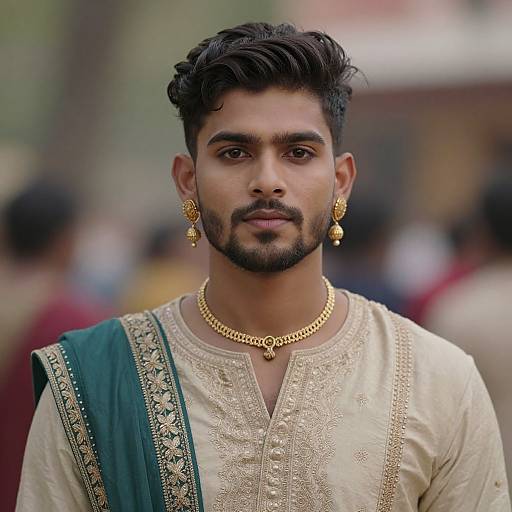 Photograph of an attractive South Asian man with dark hair and beard, wearing ornate gold jewelry and traditional cream and green embroidered kurta, standing outdoors