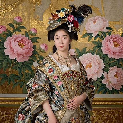 Elegant East Asian woman in intricately embroidered traditional robe and black feathered hat, adorned with floral jewelry, stands before a gold leaf background with large