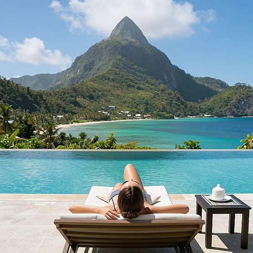Photograph of a woman with dark hair, sunbathing on a poolside chaise lounge, facing a turquoise ocean and lush mountainous island.