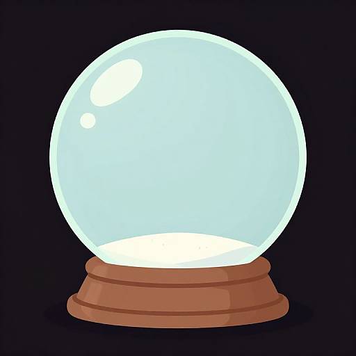 Digital illustration of a glowing, transparent snow globe with a brown wooden base, set against a solid black background.