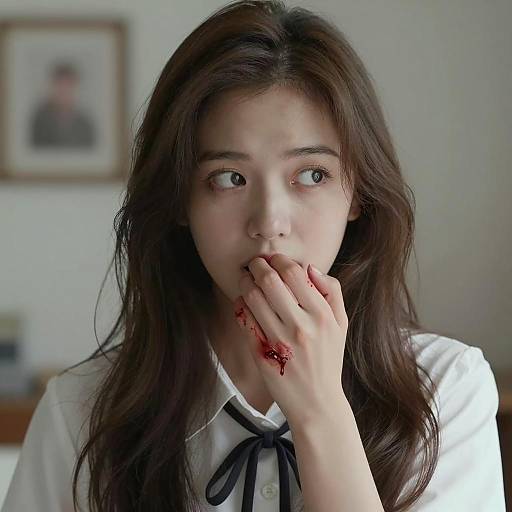 Intense Young Woman with Bloodied Hand