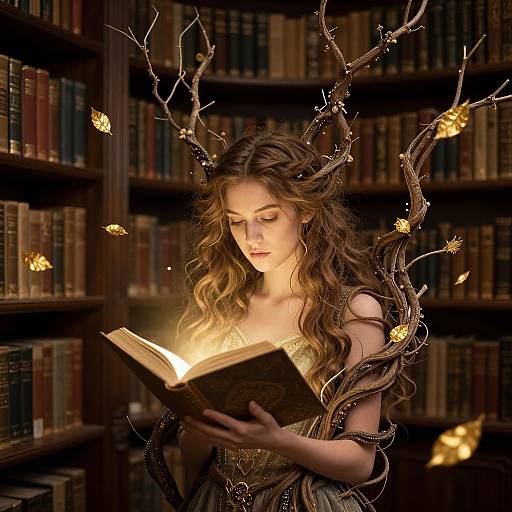 Photograph-style digital art of a fair-skinned woman with wavy brown hair, wearing a golden dress, surrounded by glowing butterflies and tree branches,