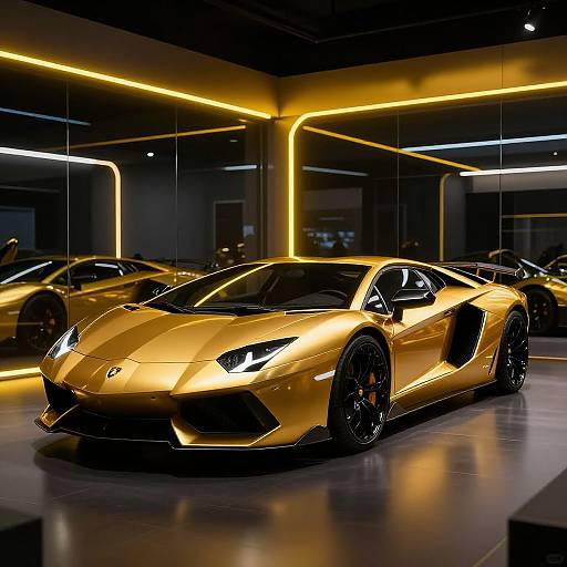 Gold Neon Lamborghini in High-Tech Showroom
