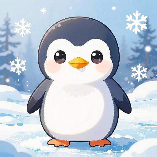 Digital drawing of a cute, chubby penguin with black and white feathers, orange beak and feet, standing on snowy ground with snowflakes in