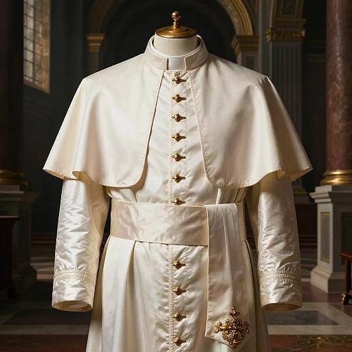 Photograph of a white papal cassock with gold buttons and embroidery, displayed on a mannequin in a dimly lit, ornate cathedral