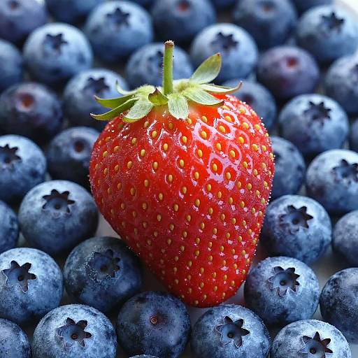 Photograph of a vibrant red strawberry with small yellow seeds, crowned with green leaves, surrounded by a dense, blue-frosted cluster of blueberries