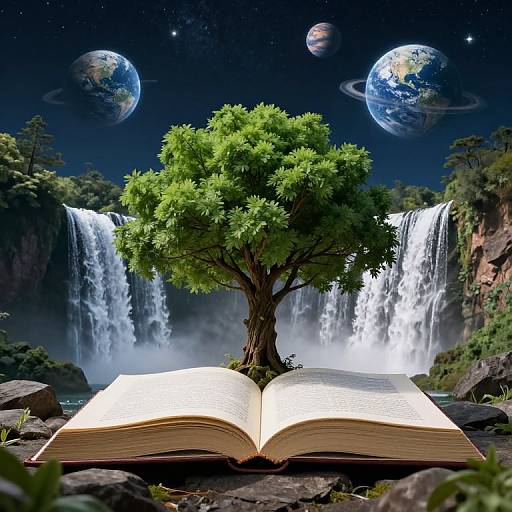 Fantasy digital artwork: open book with tree growing from it, surrounded by waterfalls, planets in night sky, lush forest.