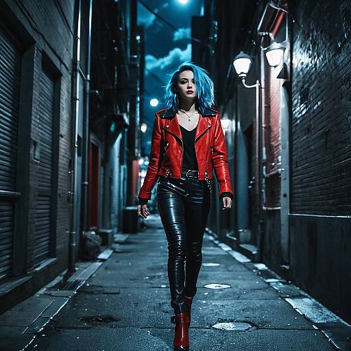 Futuristic Woman Walking in City Alley at Night