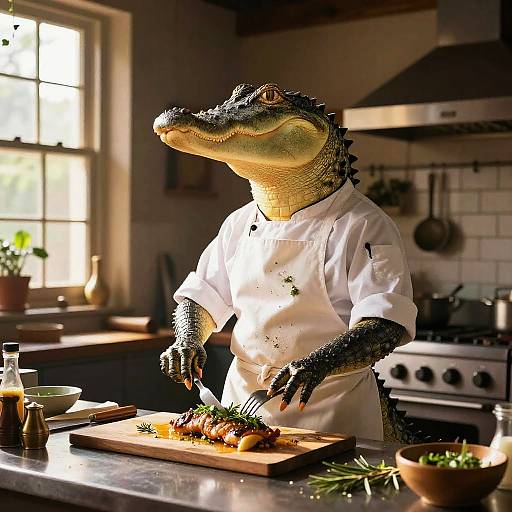 Anthropomorphic Alligator Chef Cooking