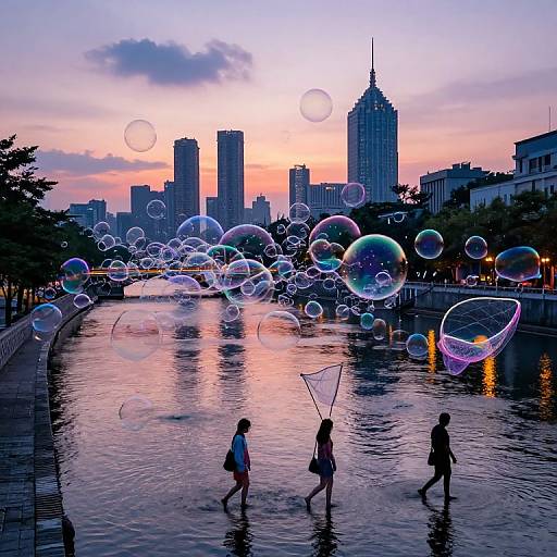 Glowing Soap Bubble City at Twilight