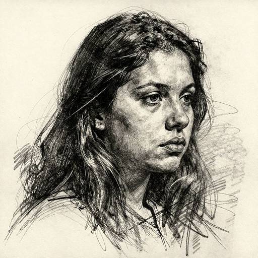 Monochromatic ink sketch of a young woman with long, wavy hair and intense expression, detailed with cross-hatching and dynamic lines.