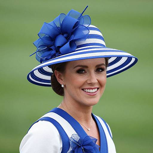 Photograph of a smiling woman in a blue-and-white striped hat with a large blue floral bow, wearing a matching outfit, against a green blurred background