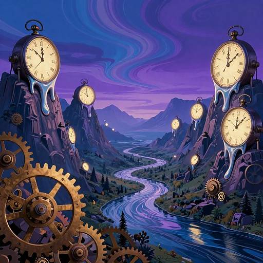 Digital artwork of surreal, clock-shaped mountains with floating clocks, winding river, and swirling purple skies, surrounded by gold gears.