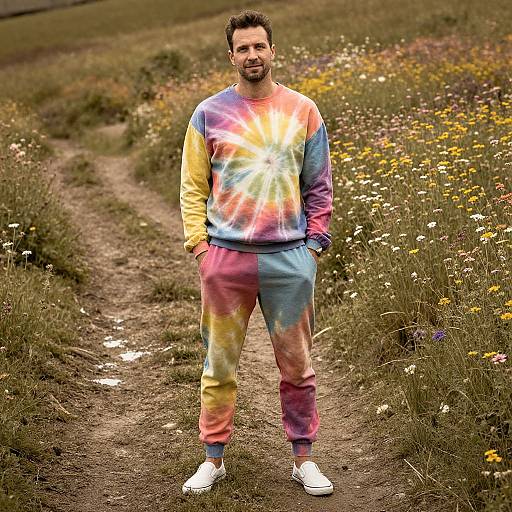 Photograph of a bearded man with short brown hair, wearing a vibrant tie-dye sweatshirt and pants, standing on a dirt path in a